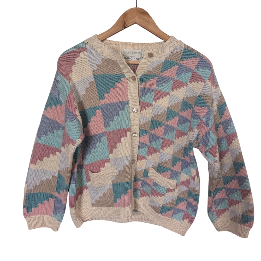 Vintage Robert Scott Ltd Handknit Patchwork Multicolor Cotton Grandpa Cardigan